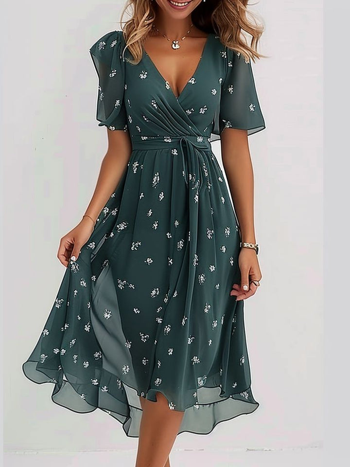 Ophelia | Groovy Short Sleeve Green Midi Dress